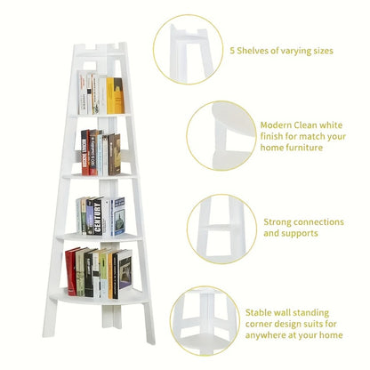 White Five-Tier Ladder-Style Freestanding Corner Shelf, Approximately 110 cm High and 34 cm Wide