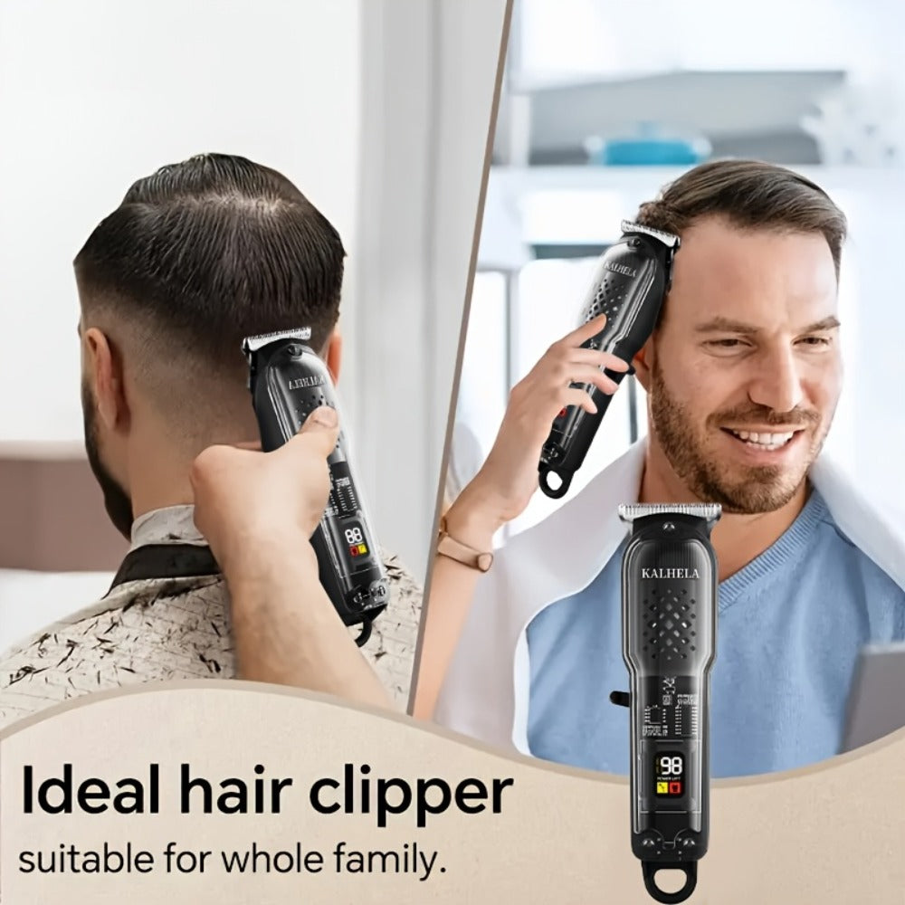 Transparent Electric Hair Clipper with Digital Display, Four Guide Combs, Grooming Tools and Red, Black or Blue Finish