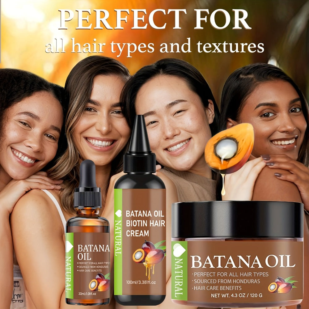 Honduran Batana Oil & Biotin 3-Piece Hair Care Set, Cold-Pressed Pure Extract, Nourishes Scalp, Strengthens Strands