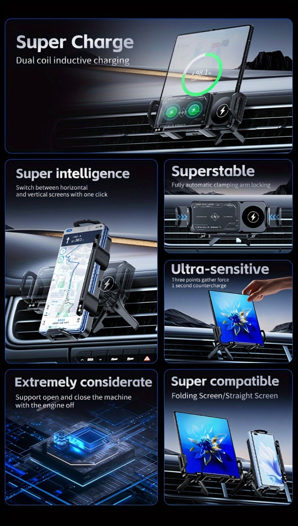 Dual-Coil Wireless Charging Car Mount with 15W Label, Fold-Screen Support and Three Configurations