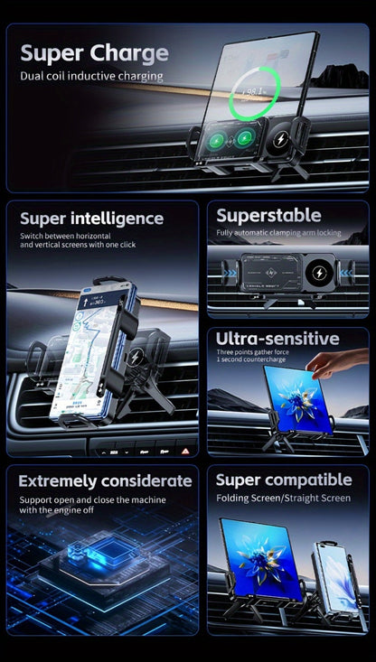 Dual-Coil Wireless Charging Car Mount with 15W Label, Fold-Screen Support and Three Configurations