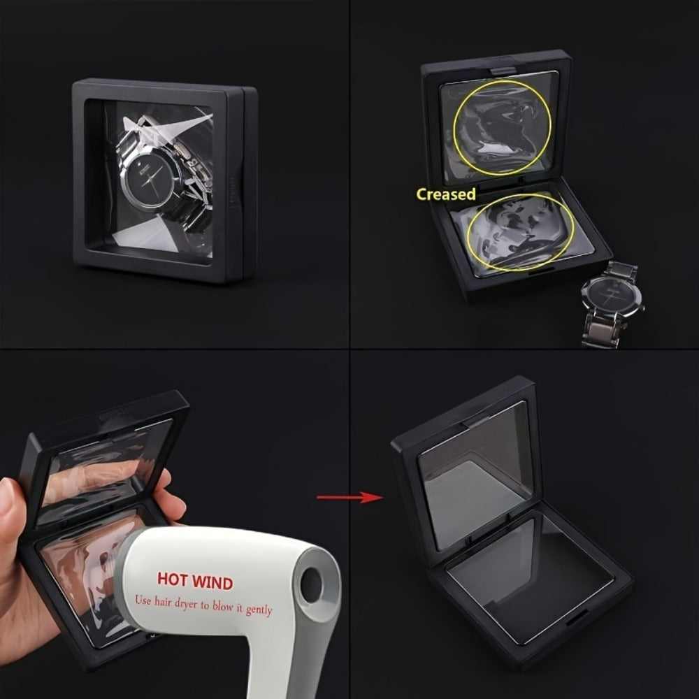 3D Floating Jewelry Display Box Set with Black Frames, Clear Flexible Panels and 30- or 60-Piece Options