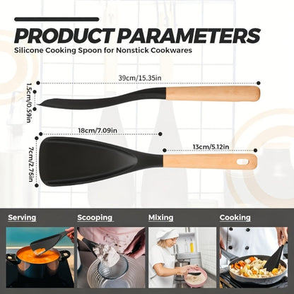 Silicone Kitchen Utensil Set 2/4 Pcs, 12-Inch Wood Handle Cooking Tools with Stay-Cool Grip for Frying