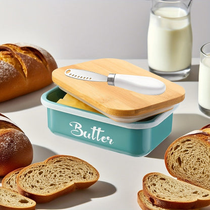 Black, Grey or Green Metal Butter Dish with Bamboo Lid, White-Handle Knife and 15.6 x 10.9 x 6 cm Size