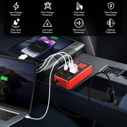 Car Power Inverter 200W – 12V DC to 110V AC, 4 USB Ports (PD & QC 3.0), Fast Charging Car Outlet Adapter for Road Trips