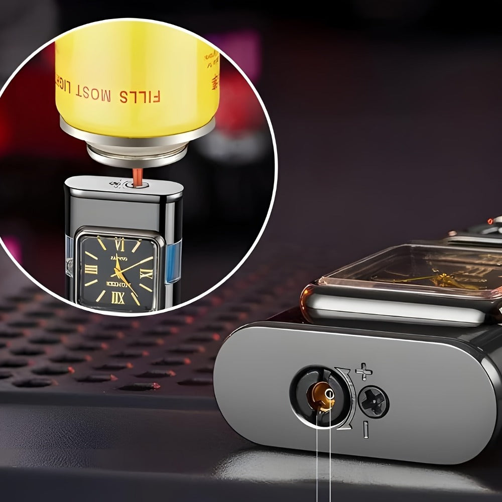 Double Flame Windproof Lighter Creative Retro Metal Lighter Dragon Eagle Gun Shape Quartz Dial Portable Outdoor Lighter Men Gift Box Butane