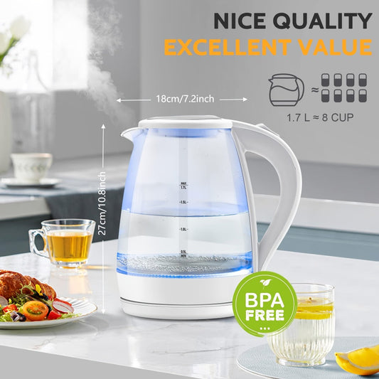 Glass Electric Kettle 1200W Fast Boiling, 57.48oz Tea Kettle with LED Indicator, Auto Shut-Off & Boil-Dry Protection