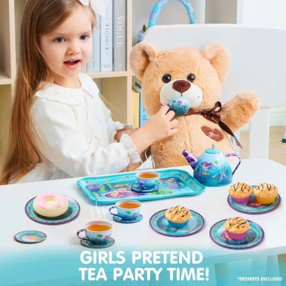 Mermaid Tea Party Set for Girls 21pcs, Tin Teapot, 4 Cups, Saucers, Plates & Carrying Case, Pretend Play Kitchen Toy for Toddlers