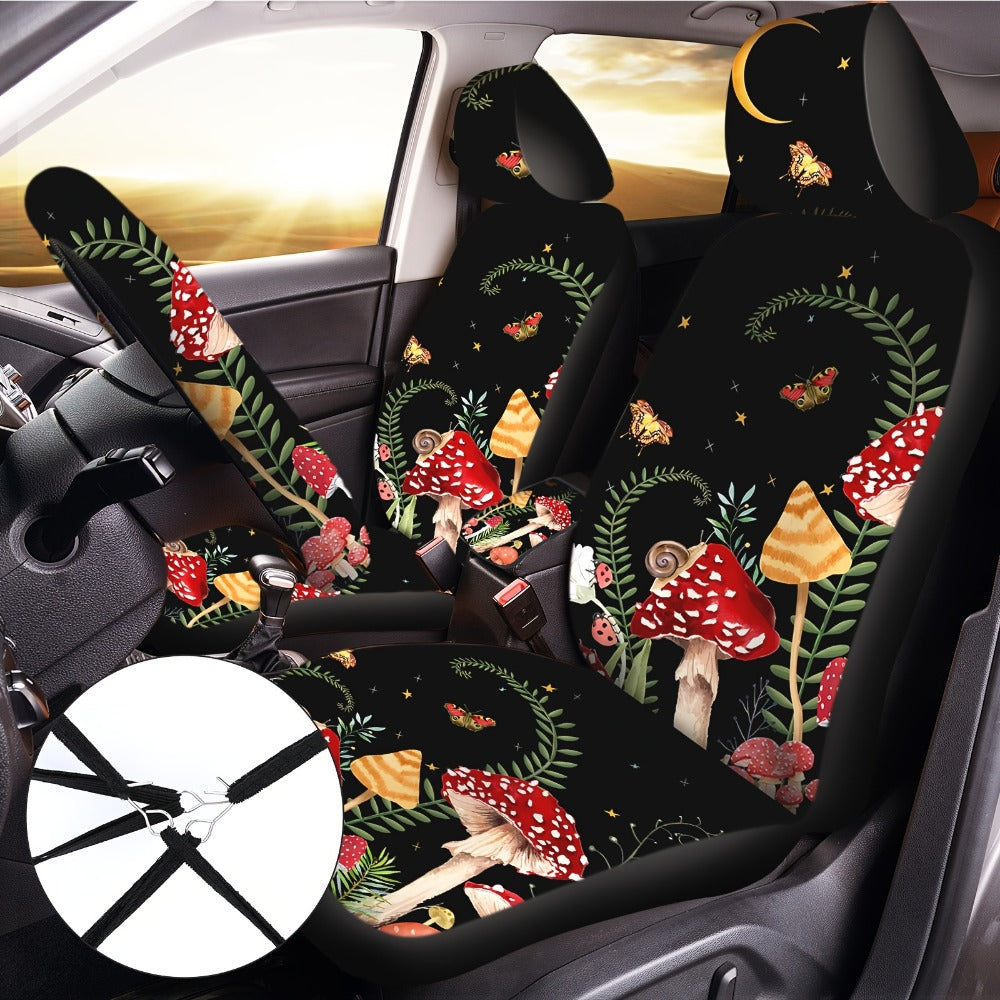 Car Seat Covers 17-Piece Red and Black Forest Mushroom Pattern Interior Accessory Set for Cabin Styling