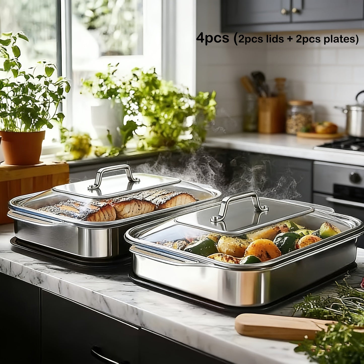 Stainless Steel Baking Sheet Pan Set with Lids, Nonstick Oven Trays & Roasting Pans for Baking Bread Desserts Seafood
