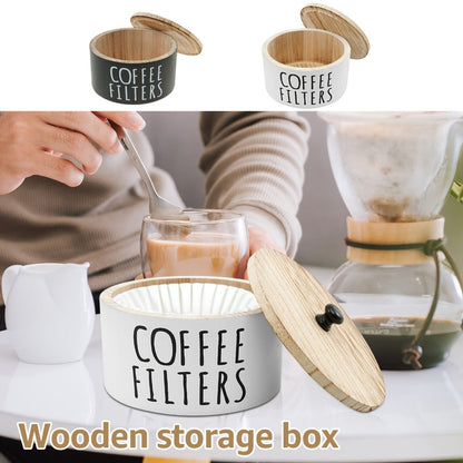Wooden Coffee Filter Holder with Lid – Large Capacity Rustic Round Organizer Dispenser for Coffee Filters & Tea Bags, Bamboo Lid