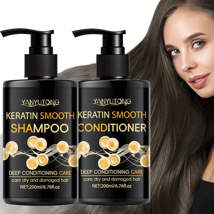Keratin Shampoo and Conditioner Set Repairs Breakage Split Ends Moisturizes Scalp for Color-Treated Heat Damaged Dry Frizzy Hair All Hair