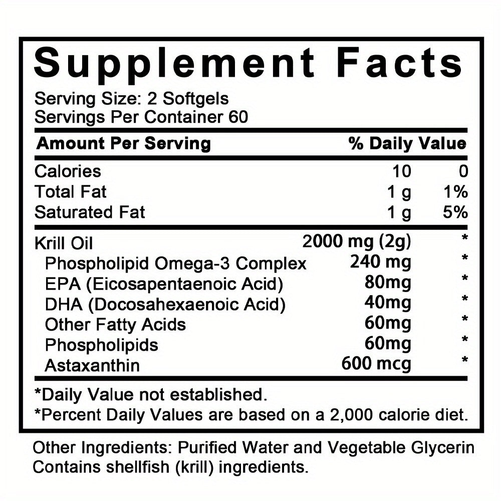 Antarctic Krill Oil 2000mg Per Serving 120 Softgels with Omega-3, EPA & DHA for Brain, Heart, Joint & Eye Health