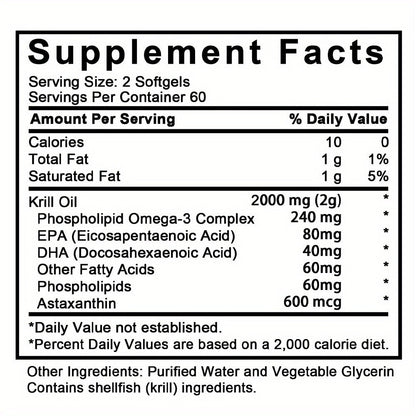Antarctic Krill Oil 2000mg Per Serving 120 Softgels with Omega-3, EPA & DHA for Brain, Heart, Joint & Eye Health