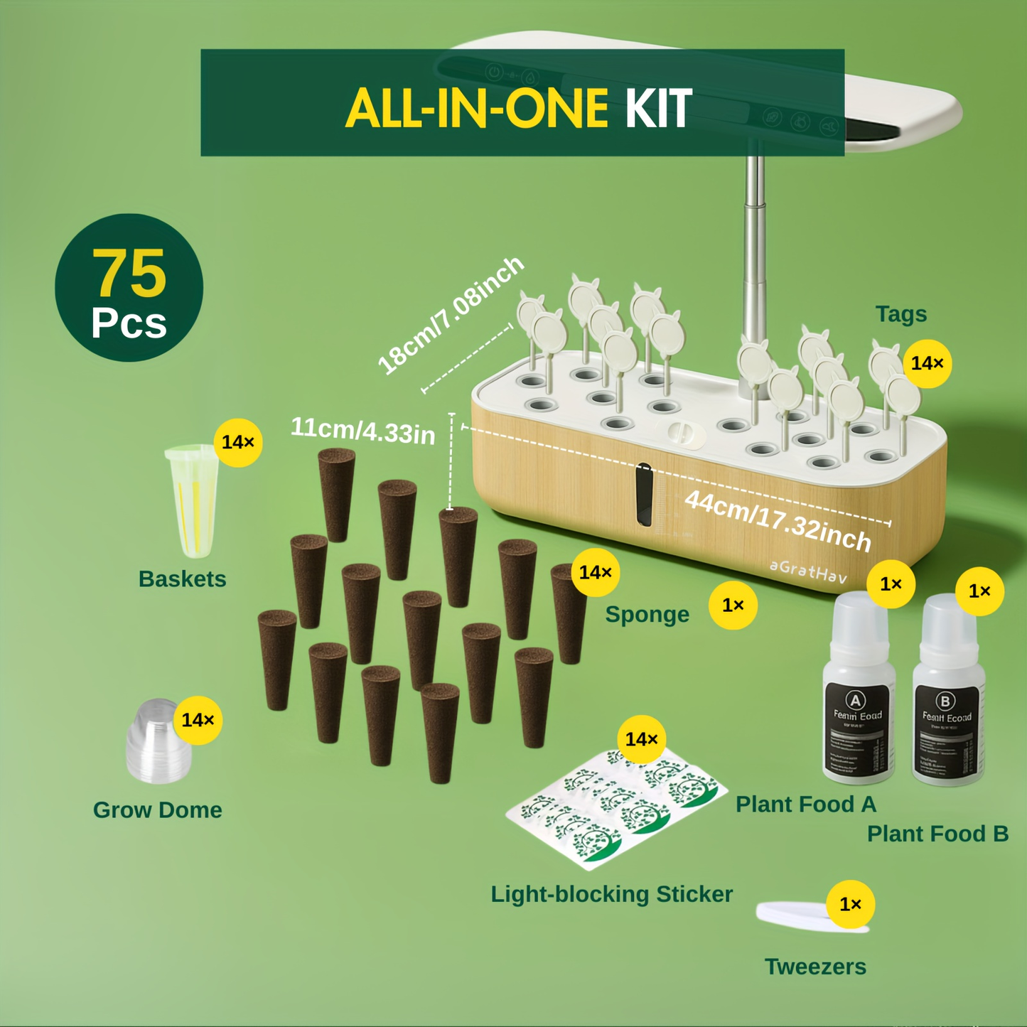 Hydroponic Garden Kit 14-Pod with LED Grow Light – Smart Timer, Quiet Pump & 1.32 Gal Tank, 75-Piece Indoor Herb Garden System