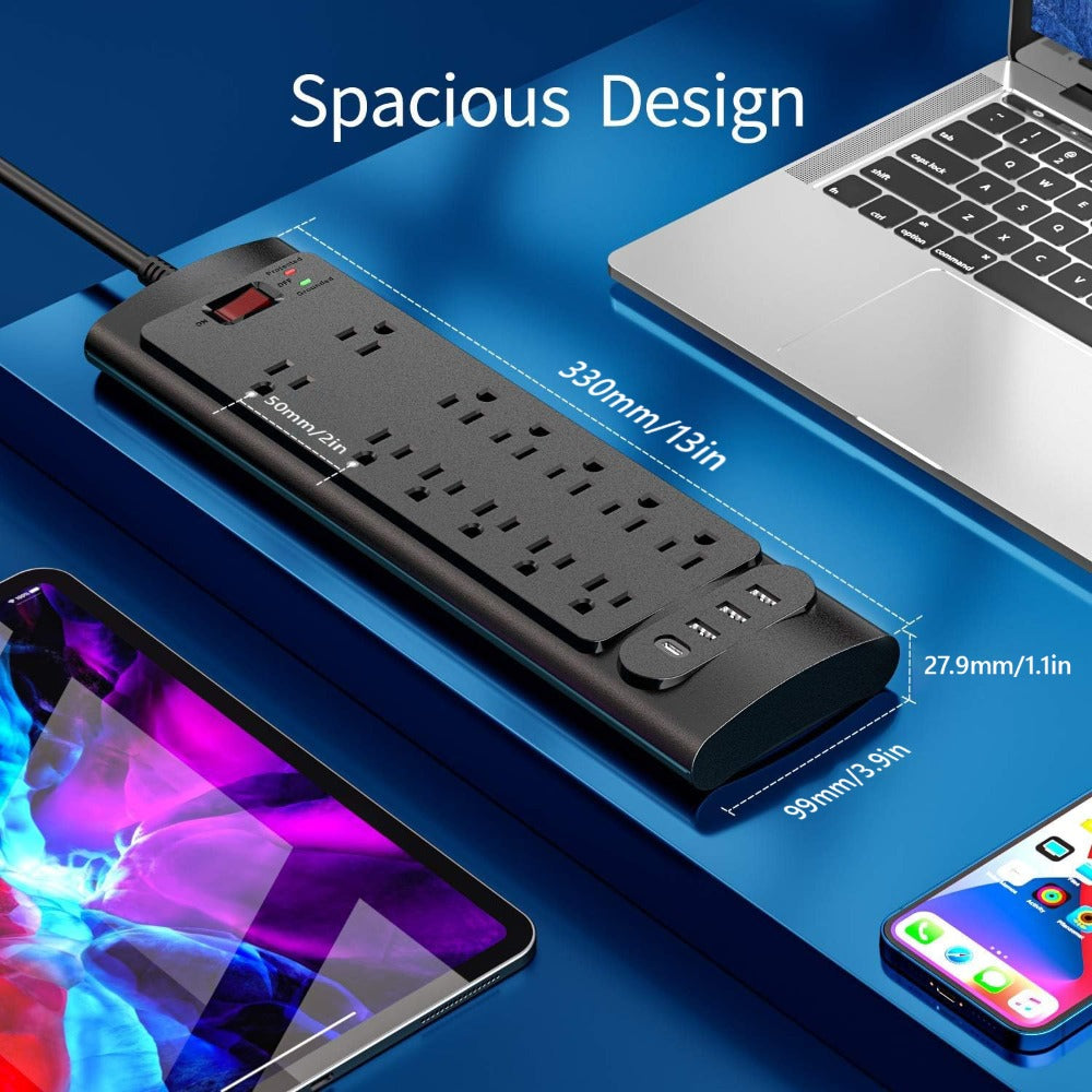 Surge Protector Power Strip 16-in-1 ANRMESUN with 12 AC Outlets, 3 USB-A, 1 USB-C, 2980J Marking and 5 ft Cord