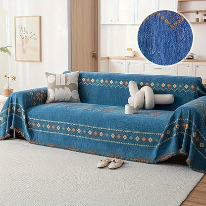 Sofa Cover Bohemian Embroidered Chenille Knit Throw with No Padding in Four Sizes and Five Colors