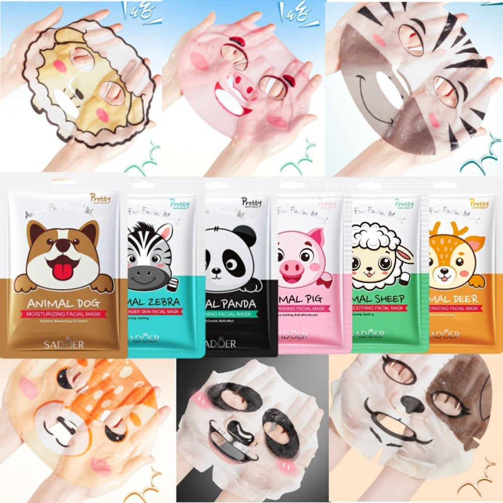 SADOER Animal-Print Sheet Mask 12-Pack with Two Each of Six Illustrated Facial Designs in Individual Pouches