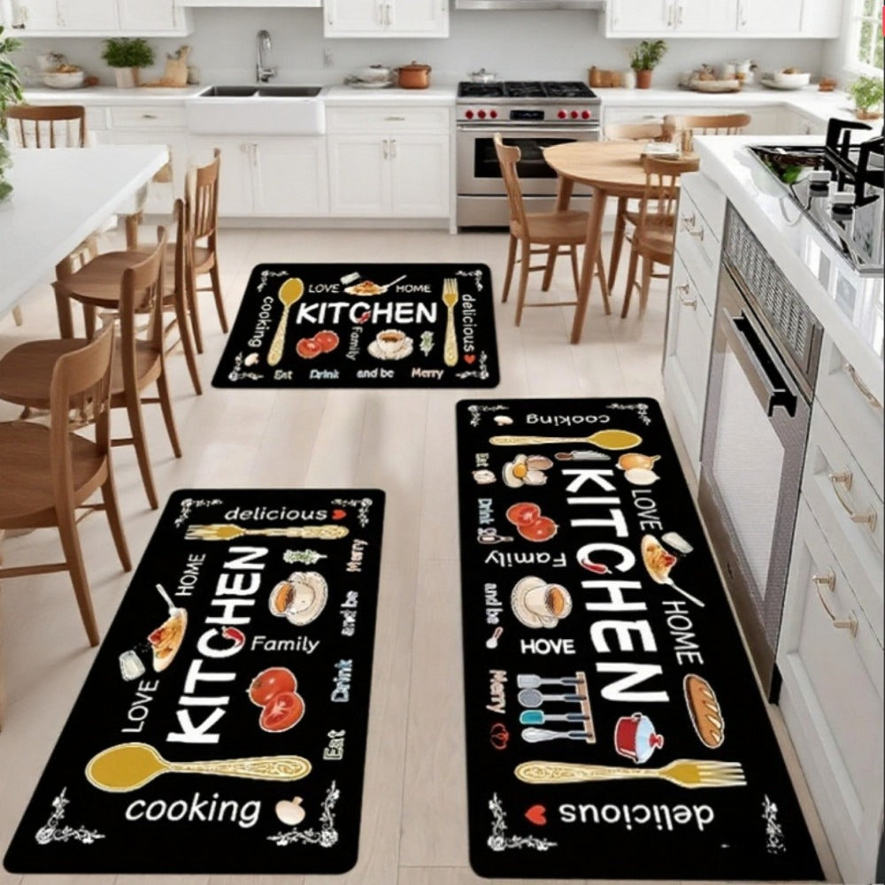 Kitchen Rug Set 3-Piece, Egg Beater Knife & Fork Theme Decorative Kitchen Mats, Easy-to-Clean Carpet for Kitchen