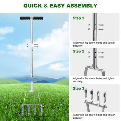 Four-Tine Manual Lawn Core Aerator in Black with T-Handle, Foot Bar and Hollow Plugging Tubes