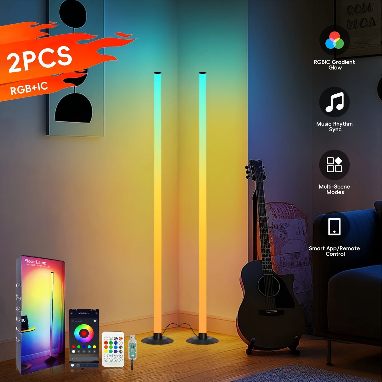 RGB Floor Lamp with Remote Control USB Powered, Color Changing LED Corner Lamp with Adjustable Brightness