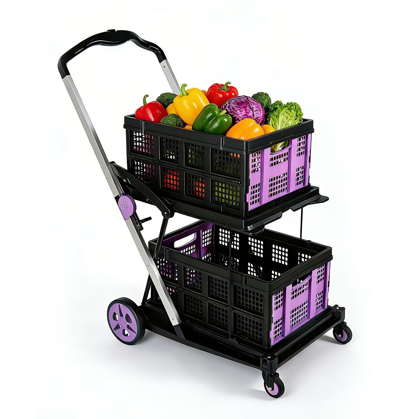 Two Tier Cart with 2 Storage Crates 360° Swivel Wheels, for Garden, Patio and Yard Use, with the Listed Configuration
