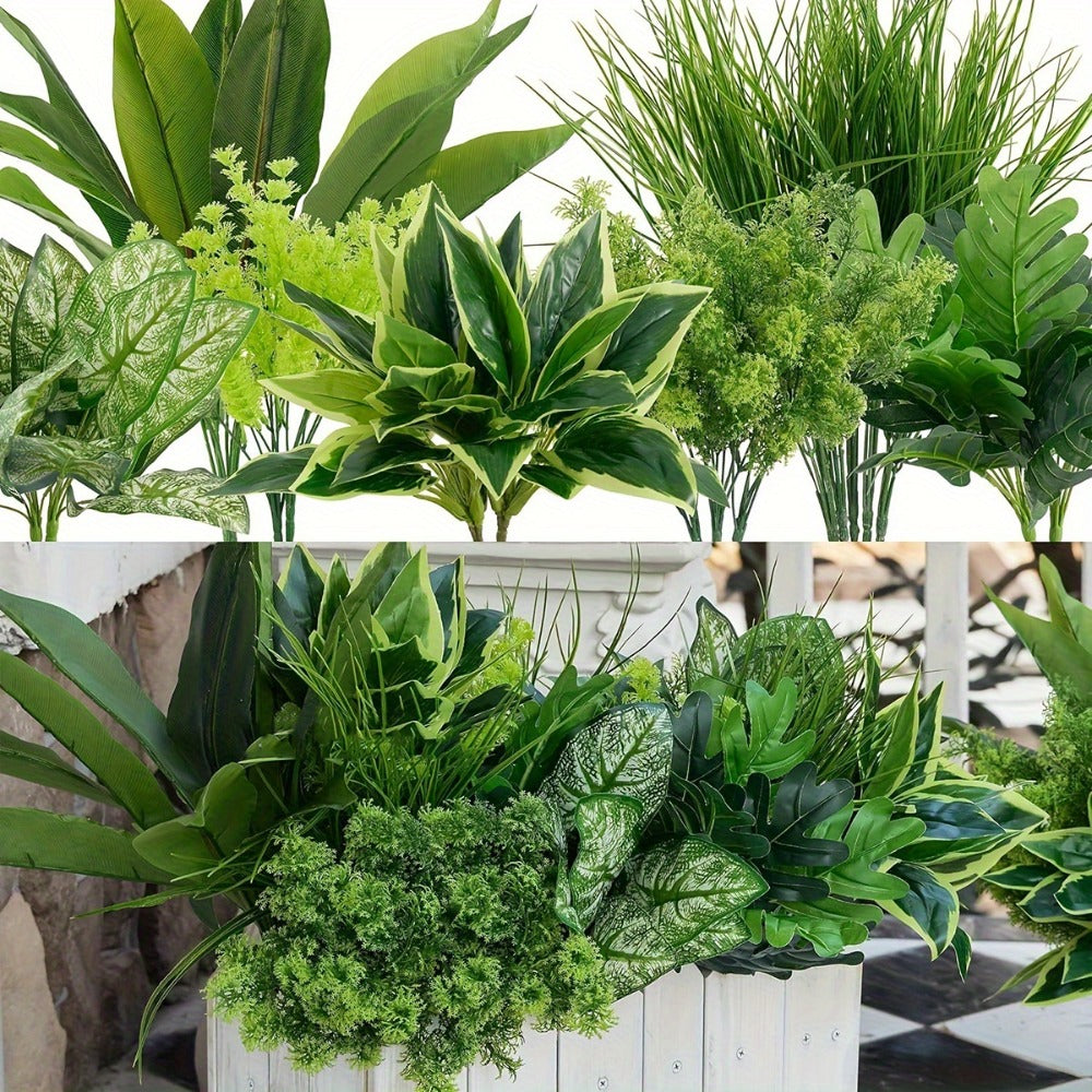 Nine-Piece Artificial Greenery Stem Set with Mixed Leaf Shapes for Indoor or Outdoor Planters and Decor