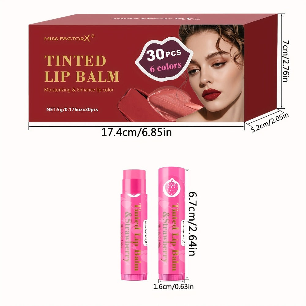 MISS FACTOR 30-Piece Tinted Lip Balm Set with Capped Tubes Organized into Six Color Groups