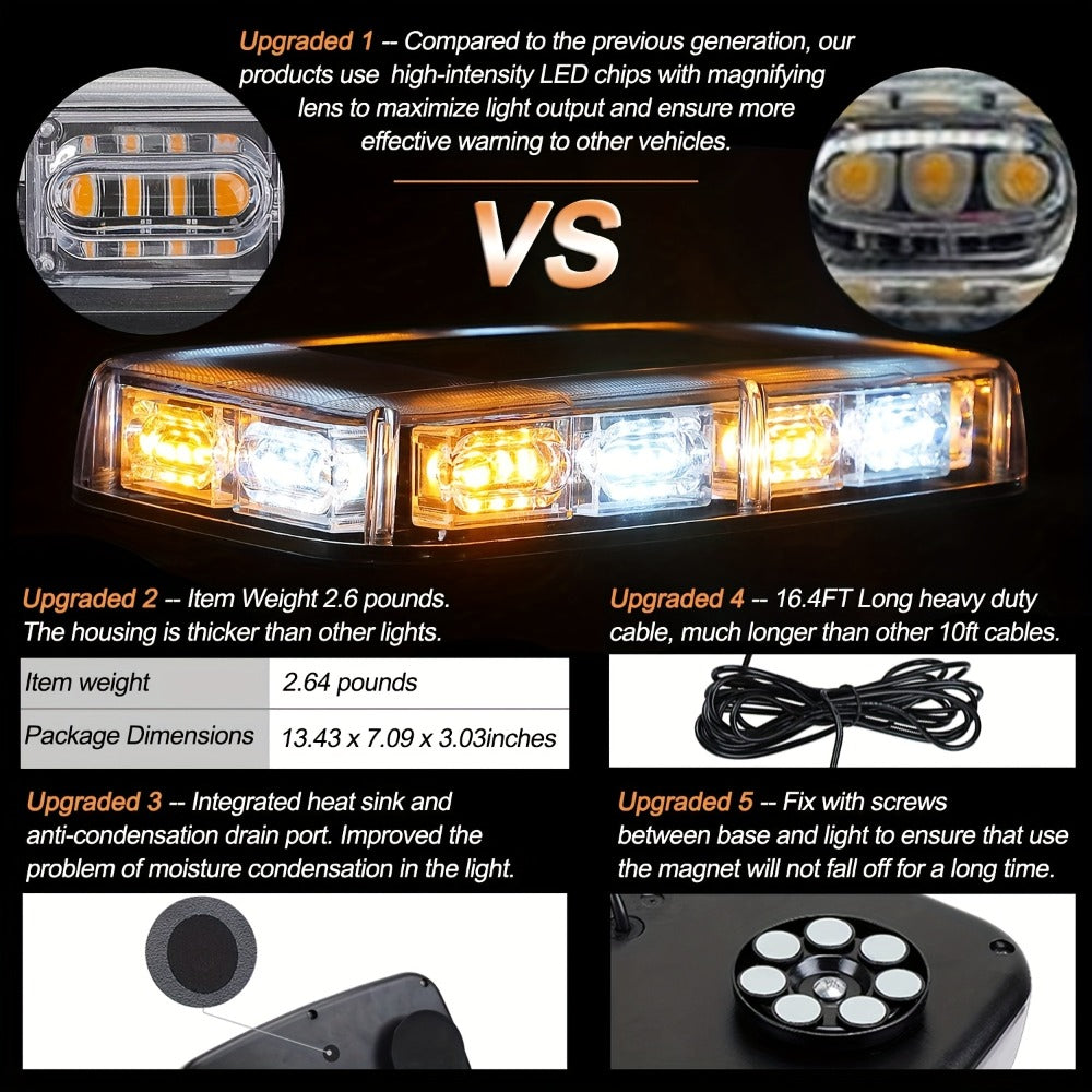 48 LED Roof Strobe Light Bar IP67 Waterproof Magnetic Mount Emergency Warning Light 12-24V for Plow Trucks Construction Vehicles Cars