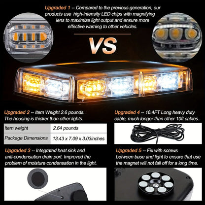 48 LED Roof Strobe Light Bar IP67 Waterproof Magnetic Mount Emergency Warning Light 12-24V for Plow Trucks Construction Vehicles Cars