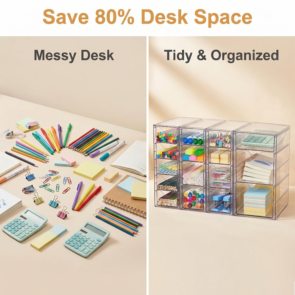 Clear Modular Drawer Organizer with 8- or 16-Drawer Checkout Sets for Office, Makeup and Craft Supplies