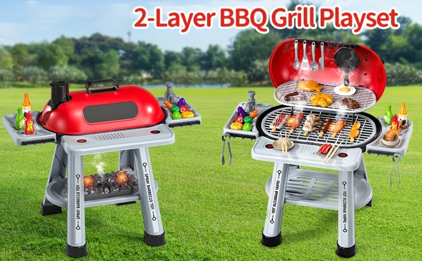 Kids BBQ Grill Playset Two-Tier with Toy Food Meats Fruits Spices & Working Water Tap for Grilling, Camping and Outdoor Meals