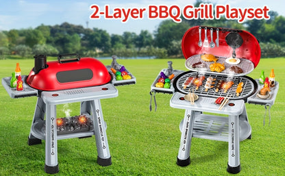 Kids BBQ Grill Playset Two-Tier with Toy Food Meats Fruits Spices & Working Water Tap for Grilling, Camping and Outdoor Meals
