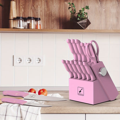 Kitchen Knife Set by imarku, 14-Piece Pink Stainless Steel Block with Six Steak Knives, Shears and Built-In Sharpener