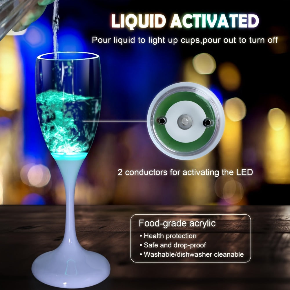 LED Light-Up Champagne Flutes, 6-Piece Color-Changing Plastic Party Glass Set for Birthdays, Weddings and Holiday Celebrations