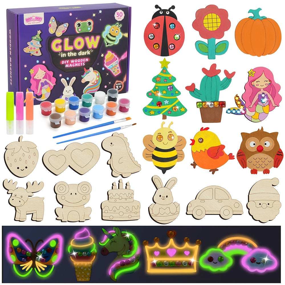 Glow in the Dark Craft Kit for Kids, 30pcs DIY Wooden Fridge Magnets Painting Set with Gem Stickers