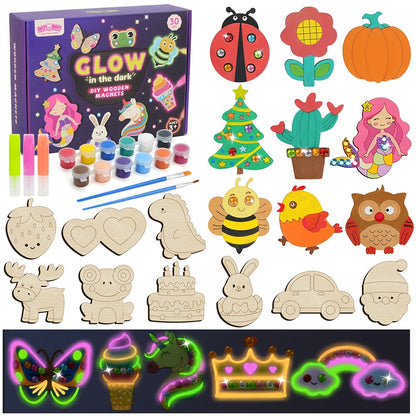 Glow in the Dark Craft Kit for Kids, 30pcs DIY Wooden Fridge Magnets Painting Set with Gem Stickers