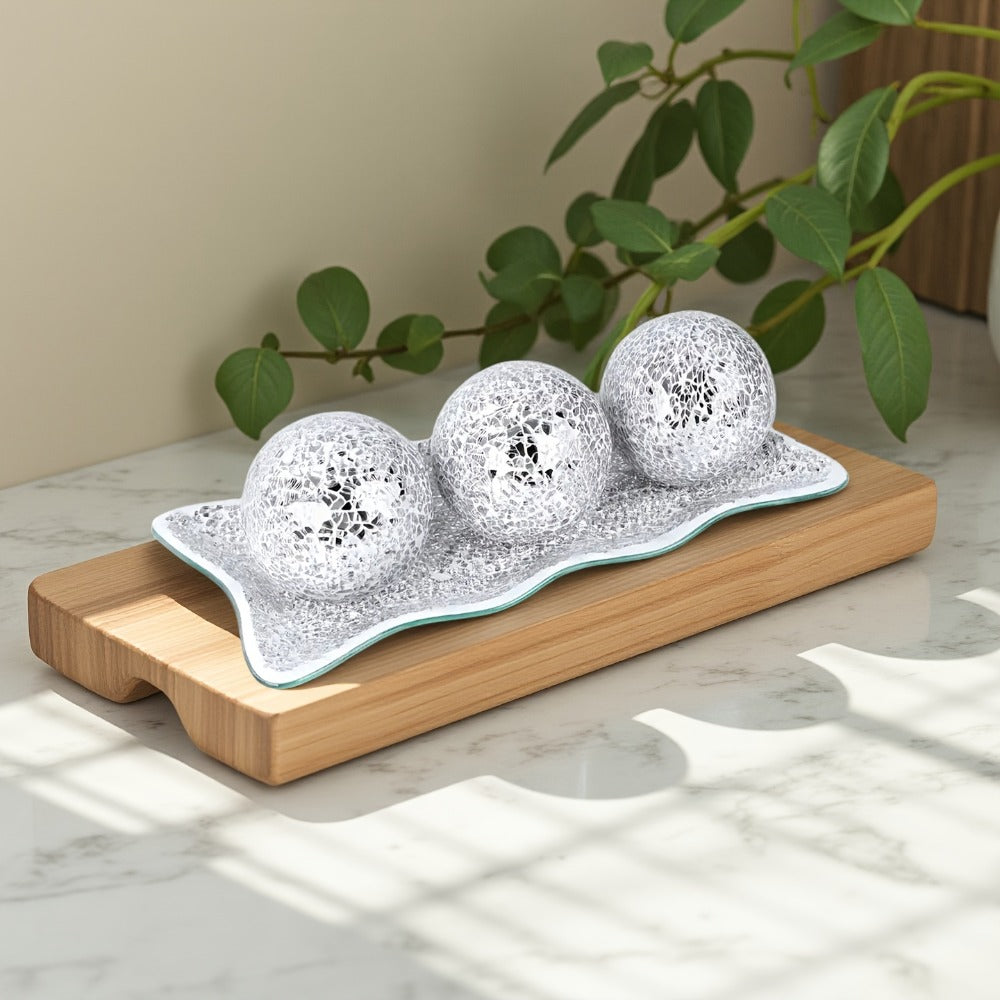 Decorative Glass Balls for Bowls 3 Inch Set of 3 with Glass Tray for Entryways, Bedrooms and Living Spaces