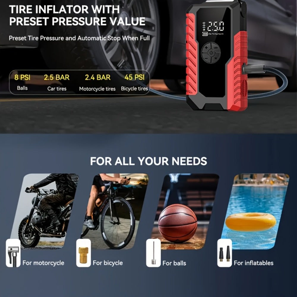 5-in-1 Jump Starter 5000A Peak – 10000mAh Power Bank, 150PSI Air Inflator, Type-C & LED Emergency Light for 12V Gas & Diesel Engines