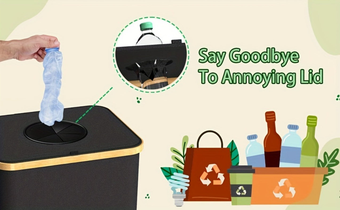 Recycling Bin 26 Gallon 100L with Lid & Removable Inner Bag, Large Collapsible Trash Can for Bottles Cans Glass & Plastic Waste