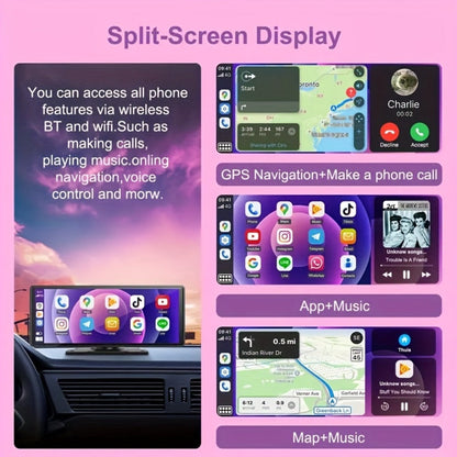 10.26 Inch Car Screen with Wireless CarPlay & Android Auto – Ultra HD Bluetooth Car Monitor, Dual Camera, Reversing Assist, Navigation