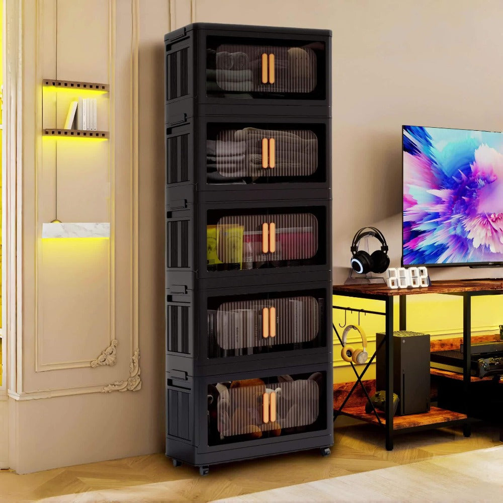 Storage Cart 4 or 5-Tier Enclosed Plastic Organizer with Double Doors, Folding Panels and Lockable Wheels