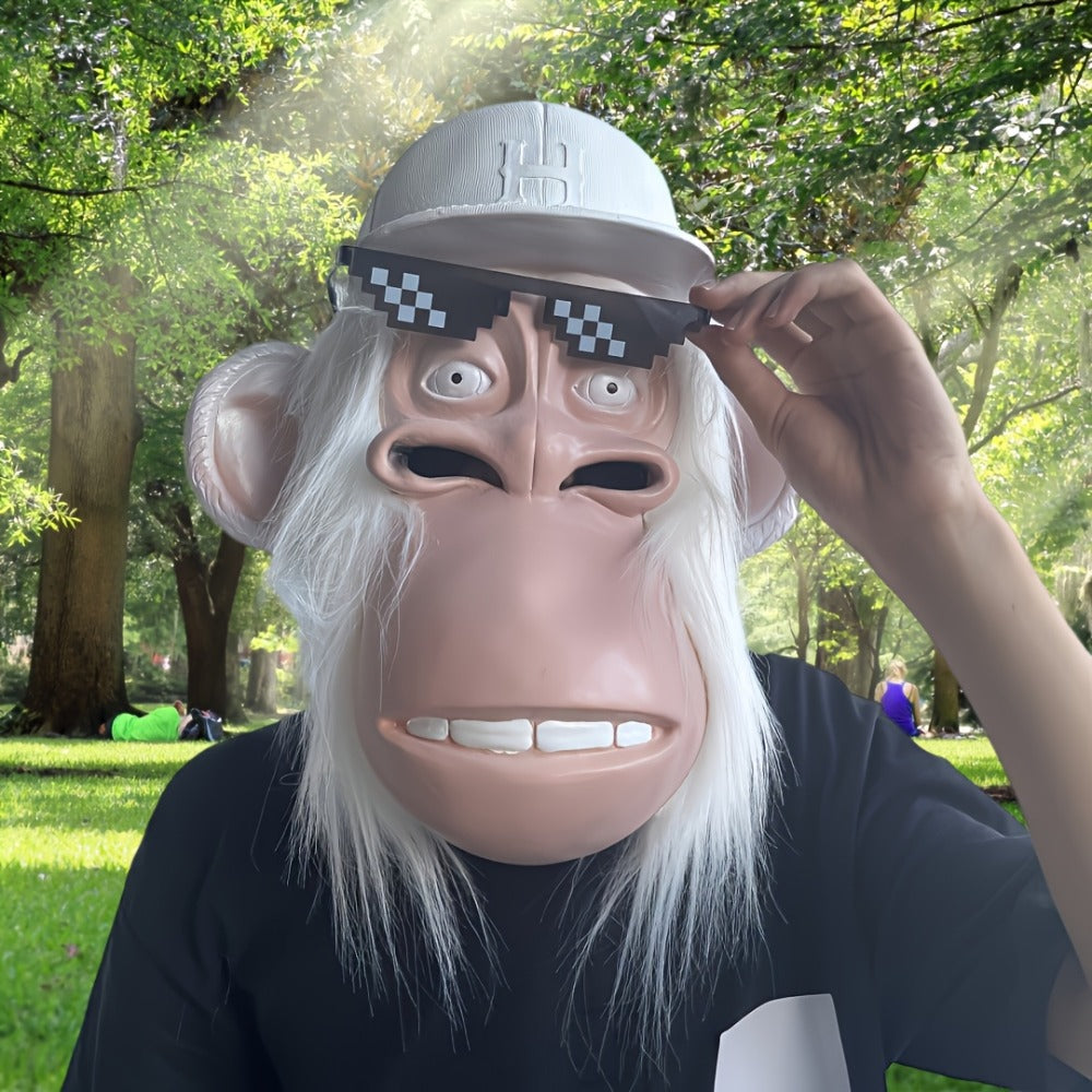 White-Haired Cartoon Ape Full-Head Costume Mask with White Cap and Pixel-Style Glasses in Two Face Styles