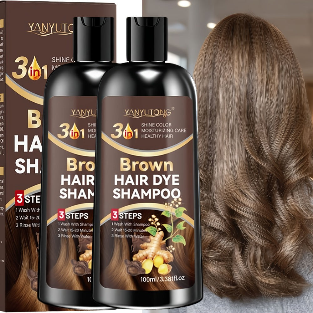 Hair Color Shampoo, YANYUTONG Brown Two-Bottle Set with 3.38oz in Each Labeled Pump Bottle