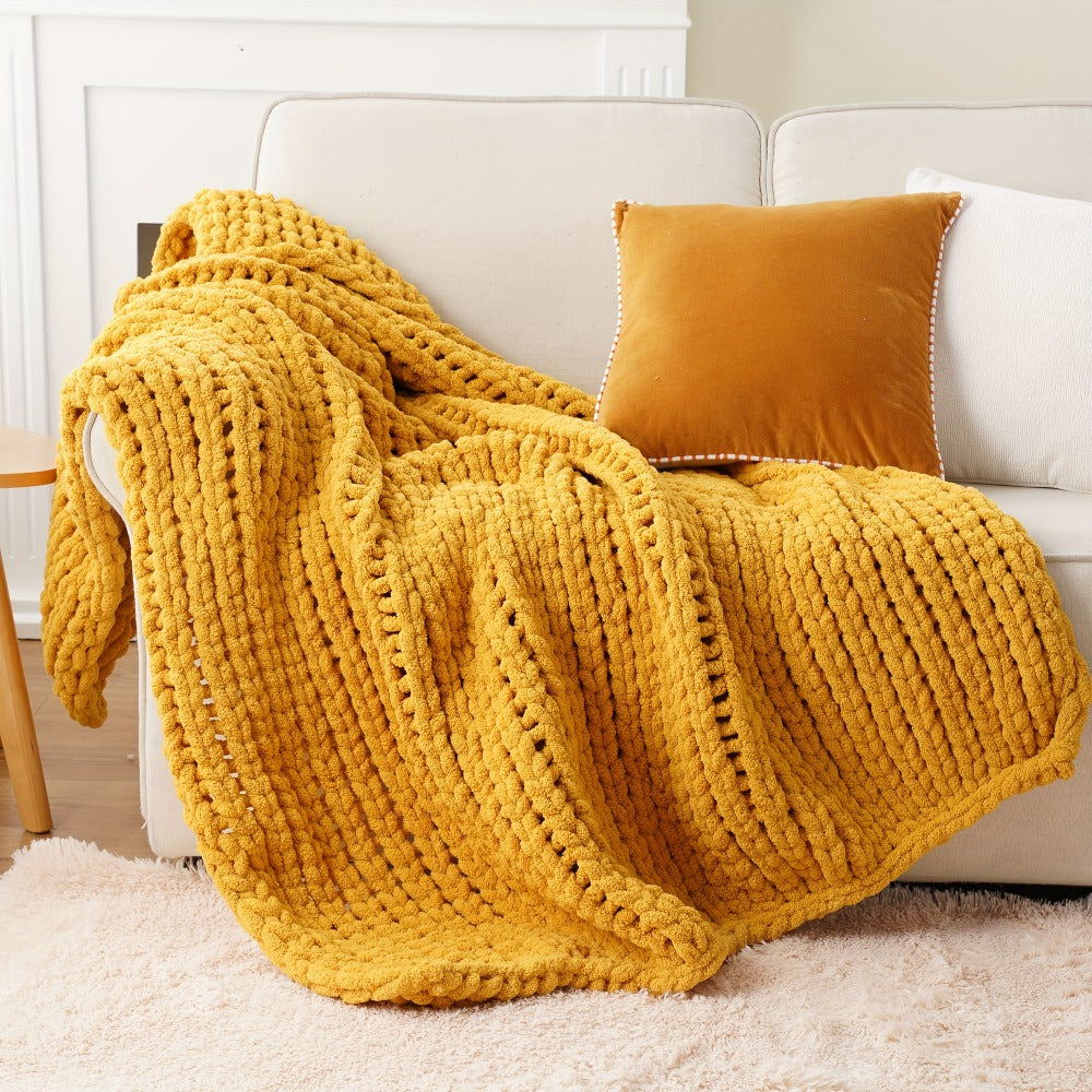 Chunky Chenille Cable Knit Throw Blanket, 350-400gsm Crochet Throw for Sofa, Bed & Couch, Vintage Patchwork
