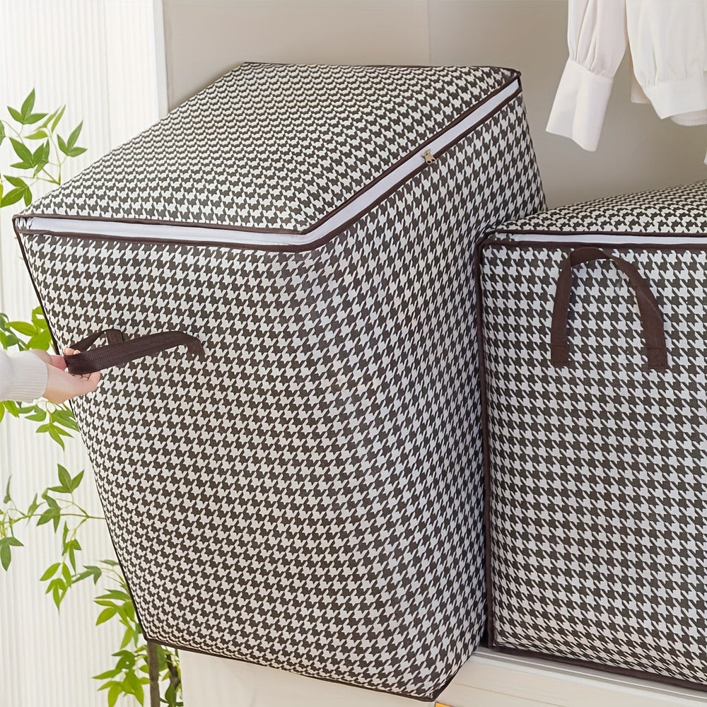 Large Storage Bags Houndstooth Non-Woven Fabric Organizer with Double Zipper & Handles – 160L/180L Dustproof Foldable Storage Box