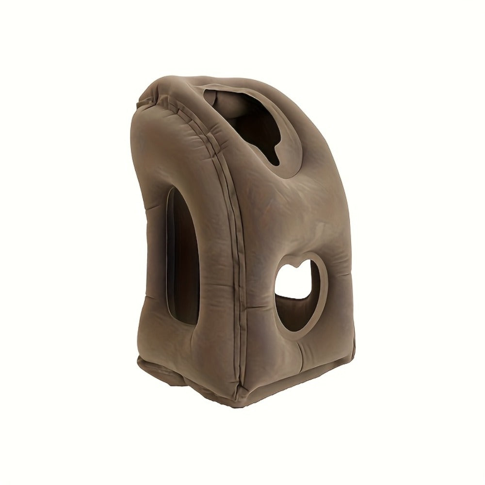 Inflatable Upright Travel Pillow with Face and Side Openings, Carry Bag and Blue, Black or Gray Color Options