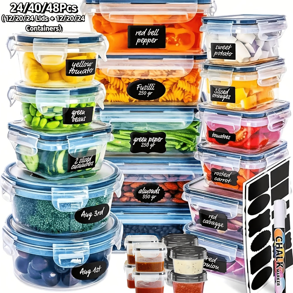 Food Storage Containers with Lids, Set with 12, 20 or 24 Clear Boxes, Locking Lids and Microwave, Dishwasher and Freezer Use