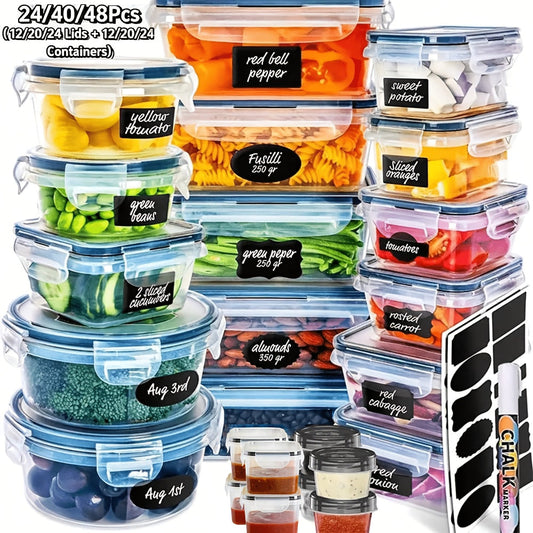Food Storage Containers with Lids, Set with 12, 20 or 24 Clear Boxes, Locking Lids and Microwave, Dishwasher and Freezer Use