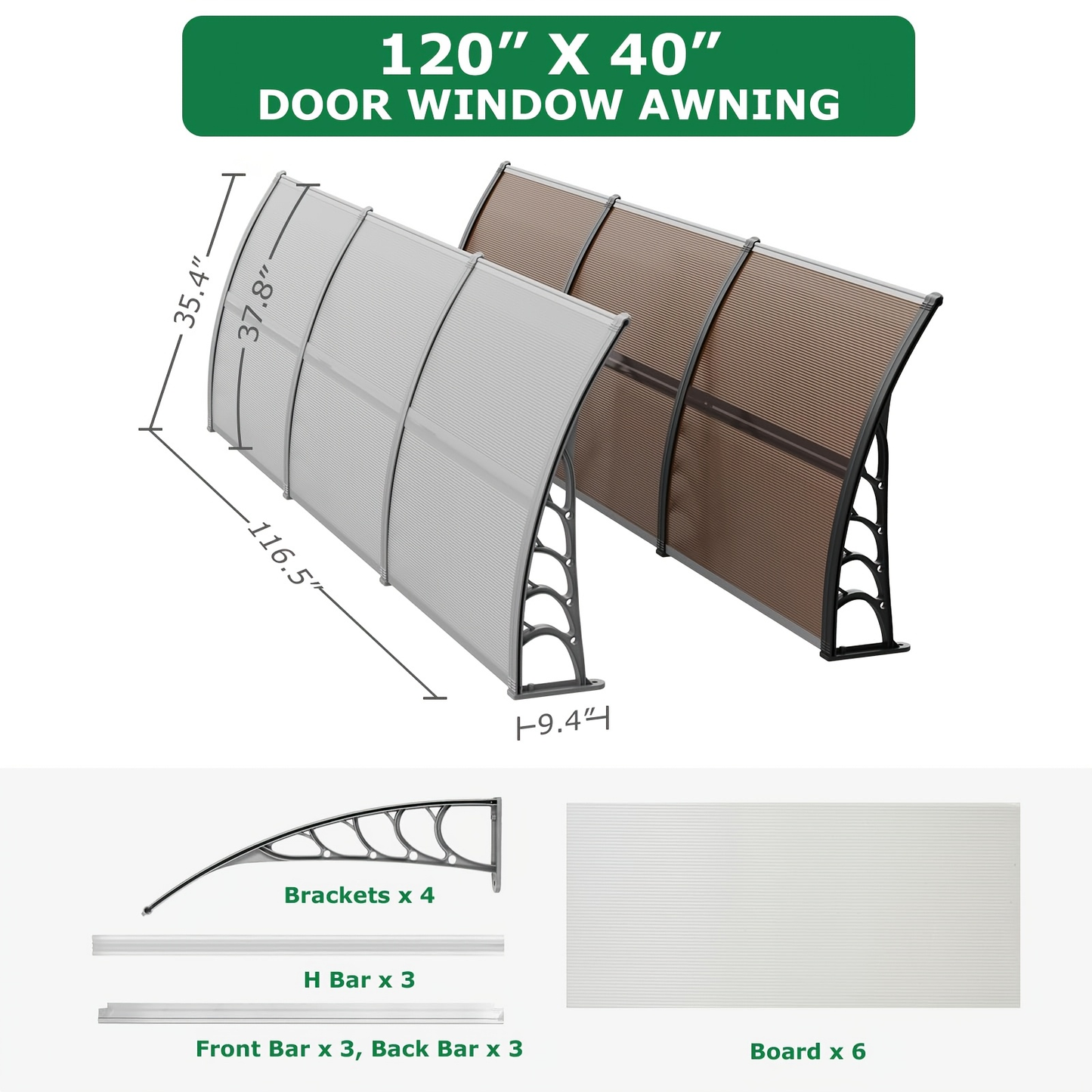 Door Awning 120"x40" Polycarbonate Canopy UPF50+ UV Rain Snow for Garden, Patio and Yard Use
